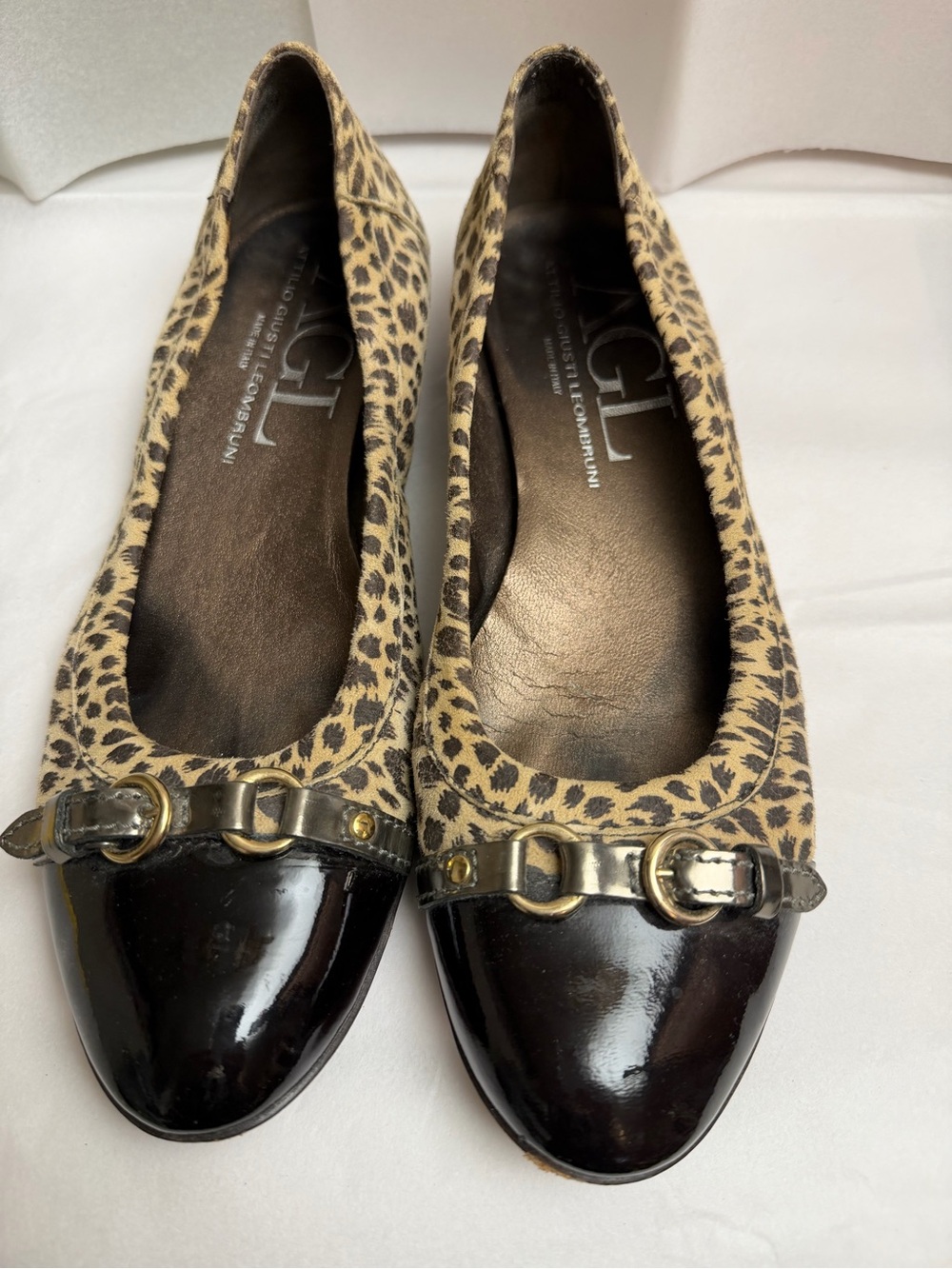 AGL Leopard Print Flats with Brown Patent Cap Toe and Gold Buckle